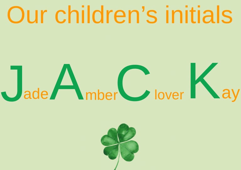 Jack’s Locksmith children’s initials JACK, Jade, Amber, Clover, Kay image explaining what JACK’s stands for local locksmith