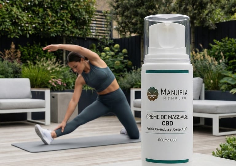 CBD massage cream bottle on a patio with a woman doing yoga stretches for muscle recovery.