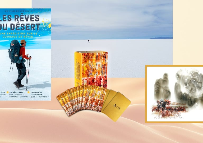 Affiche du film Les Rêves du Désert, cartes illustrées et aquarelles sur fond de paysage désertique