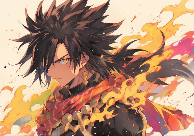 a young man with a sword and flames in the background