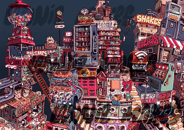 Fun colourful Illustration, digital ink drawing, detailed artwork, urban art print
