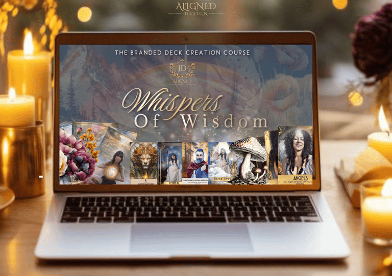 laptop screen with Whispers of Wisdom, the Oracle Deck Creation Course on the screen