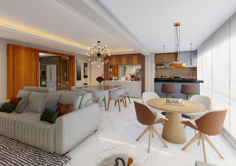 Sala de estar moderna com iluminação natural em apartamento em São Paulo - Morumbi
