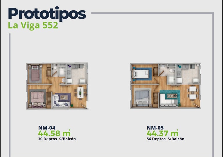 LV52 Características Depto.  Plano con 2 recamaras, sala comedor, baño y cocina. 44 m2
