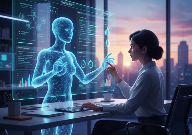 Marketer using a futuristic AI co-pilot to automate keyword research and other SEO tasks.
