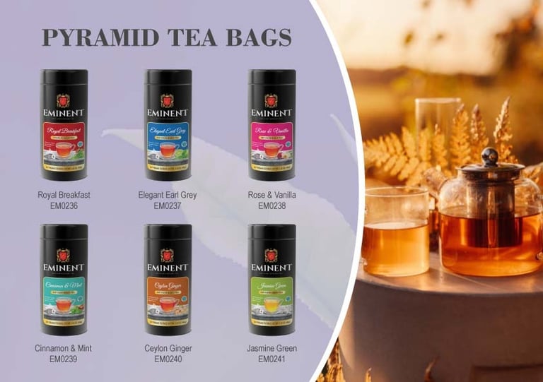 Range of Pyramid Black Tea with cup of tea & Pot of Tea