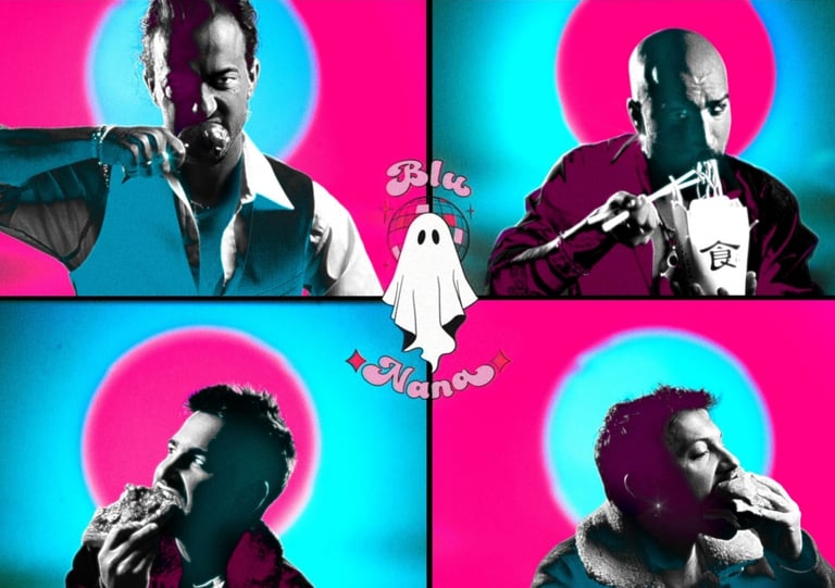 a man in a white shirt and a ghost ghost in a pink and blue background