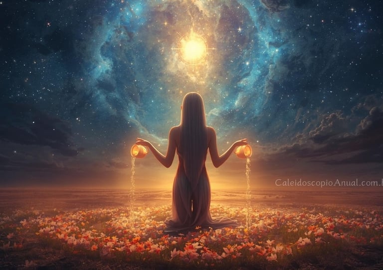 Bela mulher sob um magnífico céu estrelado, derramando água brilhante de dois jarros celestiais