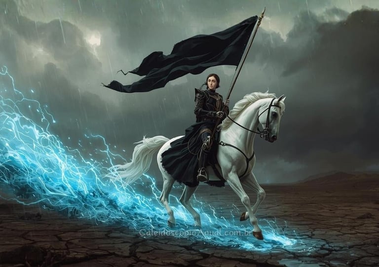 Arcano A Morte em cavalo branco: transformação aquariana com energia azul regenerando terra árida.