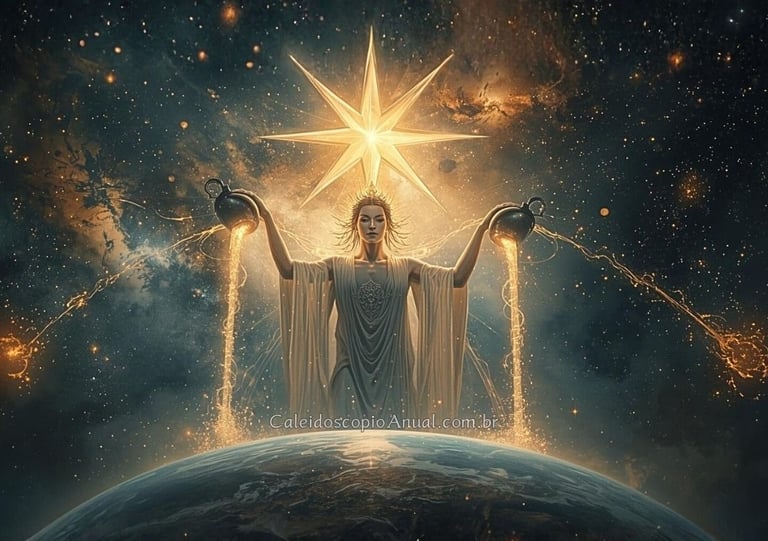 Figura divina no cosmos derramando luz de dois jarros, criando estrelas e vida.