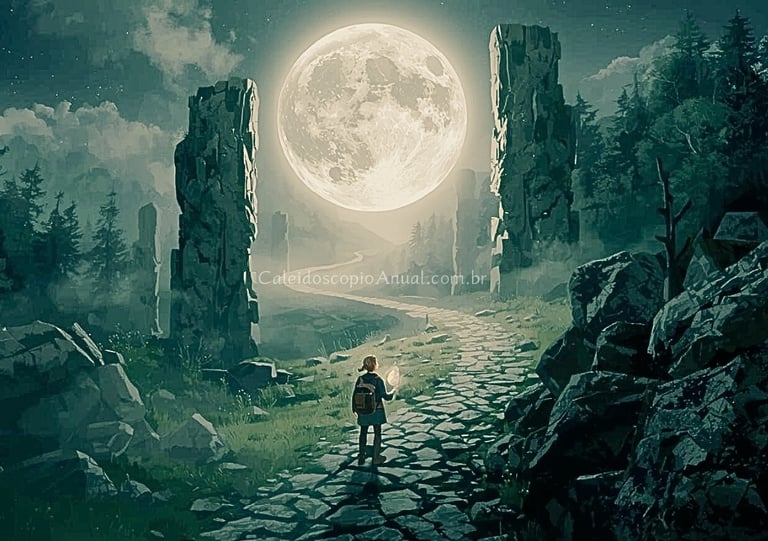 Viajante solitário em uma trilha sinuosa e iluminada por uma grande Lua Cheia