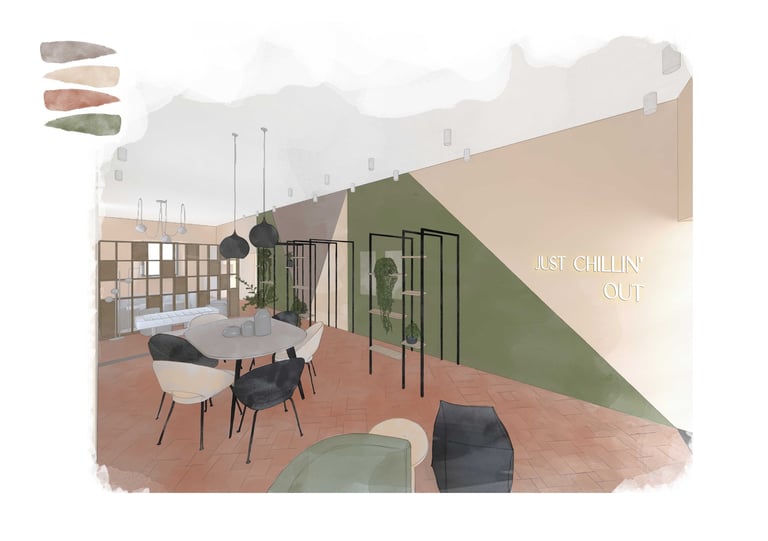 Modern interior design concept with earthy color palette, geometric wall paint, and stylish lounge furniture.