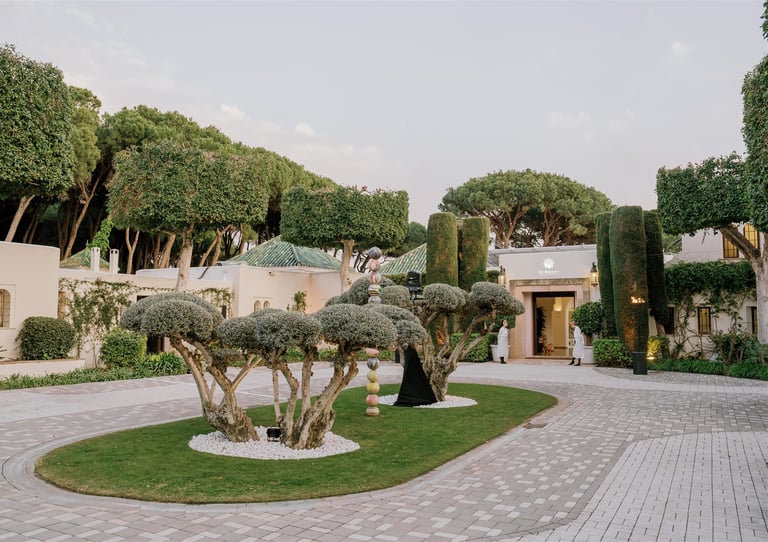 Villa El Rincon main entrance with olive-tree framed rotunda