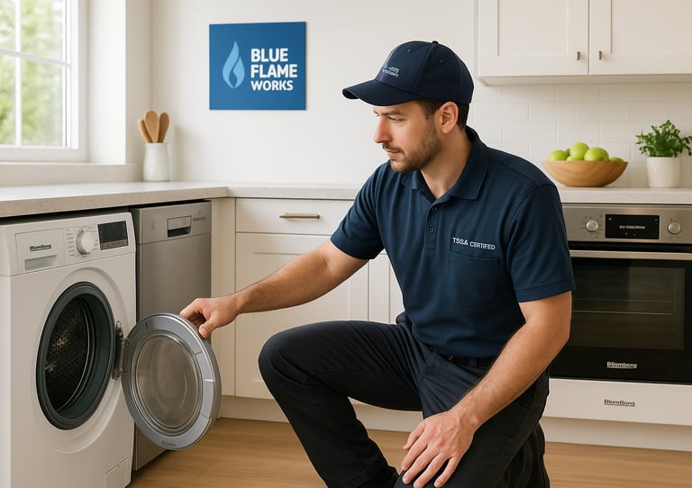 TSSA-certified Blue Flame Works technician inspecting a Blomberg front-load washer in Ottawa