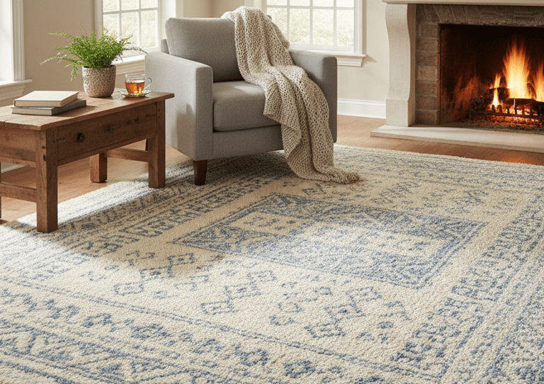 a living room with a fireplace and a couch placed on a woold rug