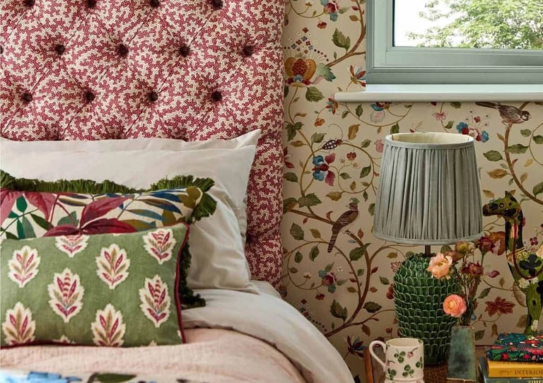 Une chambre avec un lit et une tête de lit capitonnée et deux coussins près d'une table de chevet