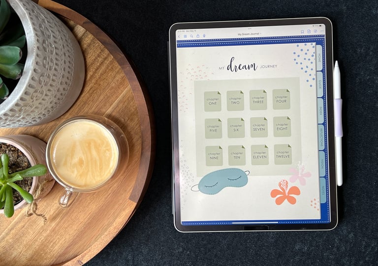 a tablet and a cup of coffee