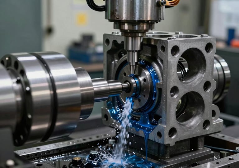 Industrial CNC grinding machine cutting a heavy engine block with blue coolant fluid spraying, sharp focus on tool-to-metal contact point, high-contrast engineering workshop environment