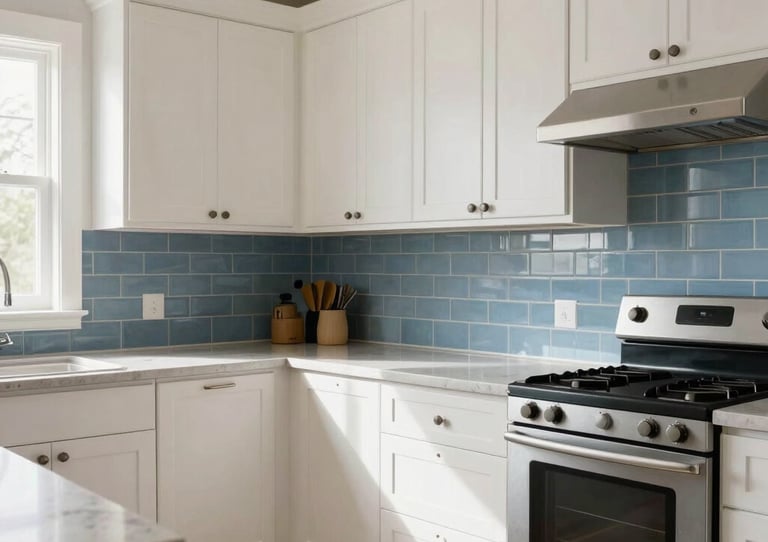 A bright, clean photography of a newly renovated modern kitchen in a North American / US home. The design features off-white cabinetry and medium blue tile accents. The lighting is natural and inviting, showcasing professional craftsmanship and attention to detail. North American / US.