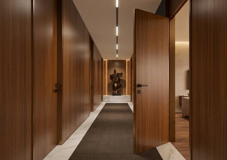 modern-walnut-lacquered-interior-door-with-wall-panel-luxury-hallway