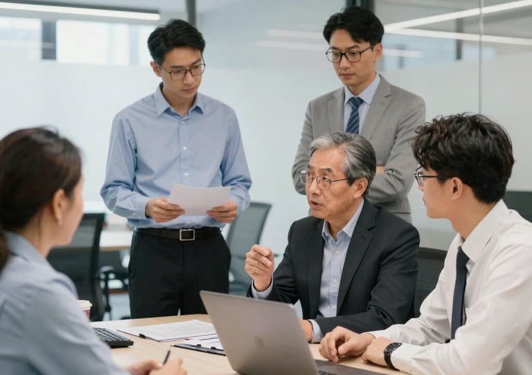 A consultant team are discussing cost-saving strategies with a client in a modern office.