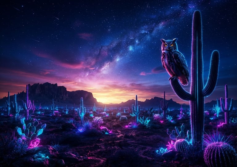 Wide panoramic Arizona desert at golden hour, an owl perched on a saguaro arm to the right third, expansive sky, low horizon