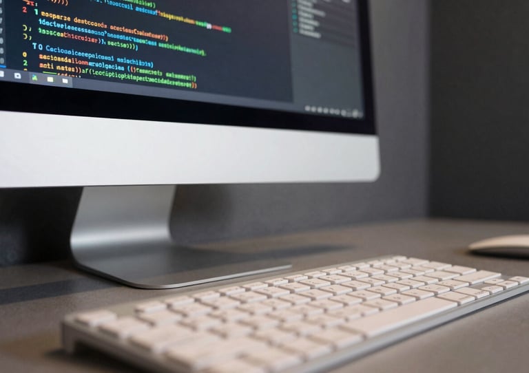 A close-up photograph of a professional workstation in a room with dark slate grey walls. Soft off-white light reflects off a high-end keyboard and a sleek, modern monitor showing lines of secure code.