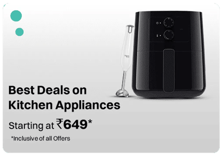 Black digital air fryer and hand blender kit for kitchen appliance deals starting at ₹649.