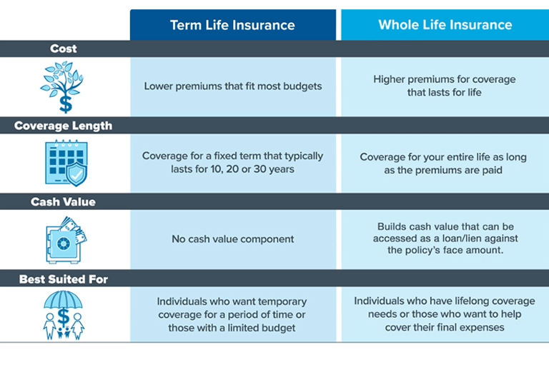 Comparison chart between term life insurance and whole life insurance