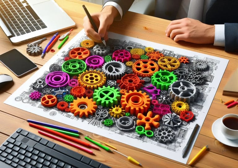 WIKXY Brightly coloured, taylormade 3D printed gears on the table. Available at WIKXY 3D Printing in Stoke-on-Trent.