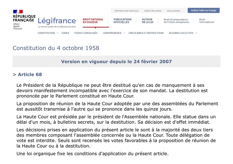 Article 68 de la Constitution française - Destitution du Président de la République