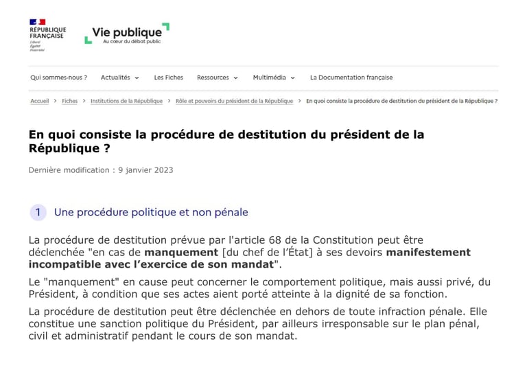 Article 68 de la Constitution française - Le manquement aux devoirs du Président de la République