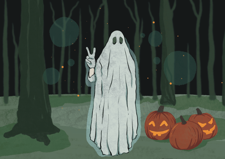 An illustration of a ghost doing a peace sign, next to some jack-o-lanterns, in a forest.