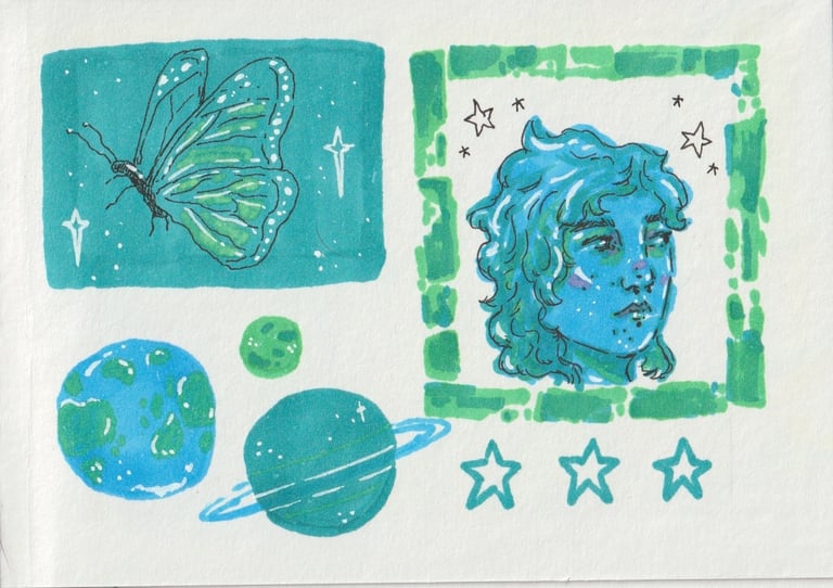 Marker drawings of a butterfly, planets, and an androgynous, curly haired person's face.