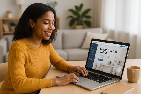 a woman sitting at a table with a laptop and a cup of coffee