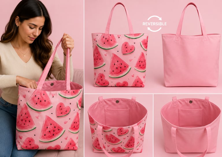 Bolso reversible de color rosa con estampado de sandías y corazones.