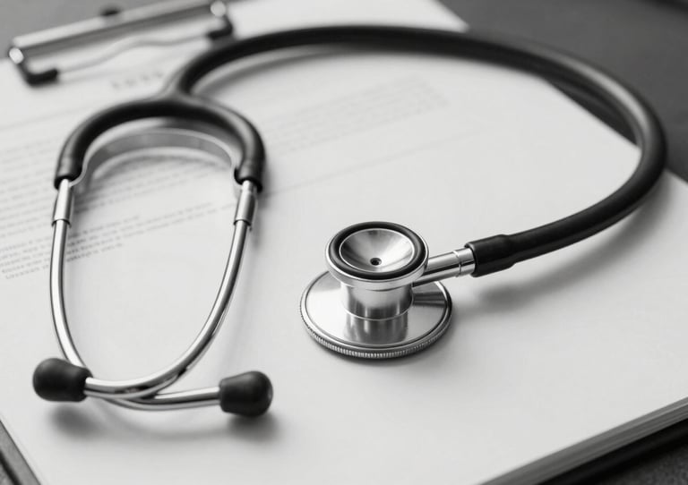 A minimalist black and white photograph of a medical stethoscope resting on legal documents. The style is clean and professional, with soft lighting and silver grey tones.