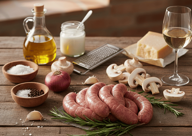 Raw Italian sausages on a rustic wooden table with fresh mushrooms, garlic, olive oil, and white wine.