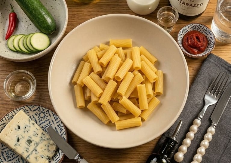 Cooked rigatoni pasta in a bowl with zucchini, blue cheese, and pancetta for an Italian recipe.