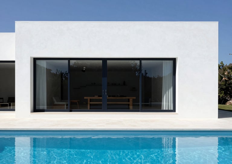 Minimalist luxury villa exterior in Quinta do Lago, white concrete architecture, clean blue pool, crisp shadows, bright daylight, 35mm
