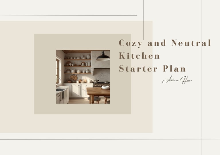 A cozy and neutral kitchen starter plan featuring rustic wooden shelves and minimalist decor.