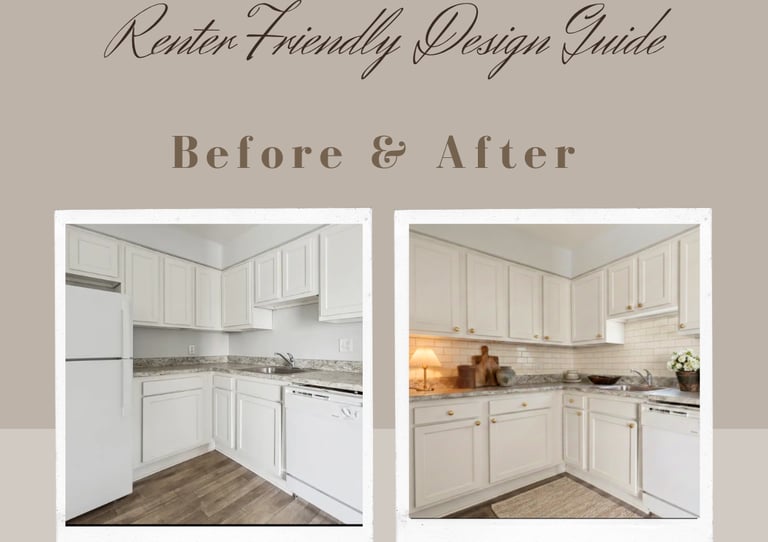 Before and after renter friendly kitchen renovation featuring white cabinets and peel and stick subway tile backsplash.