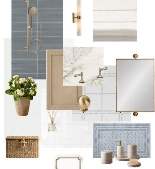 Modern bathroom design mood board featuring marble tiles, gold fixtures, and blue accents.