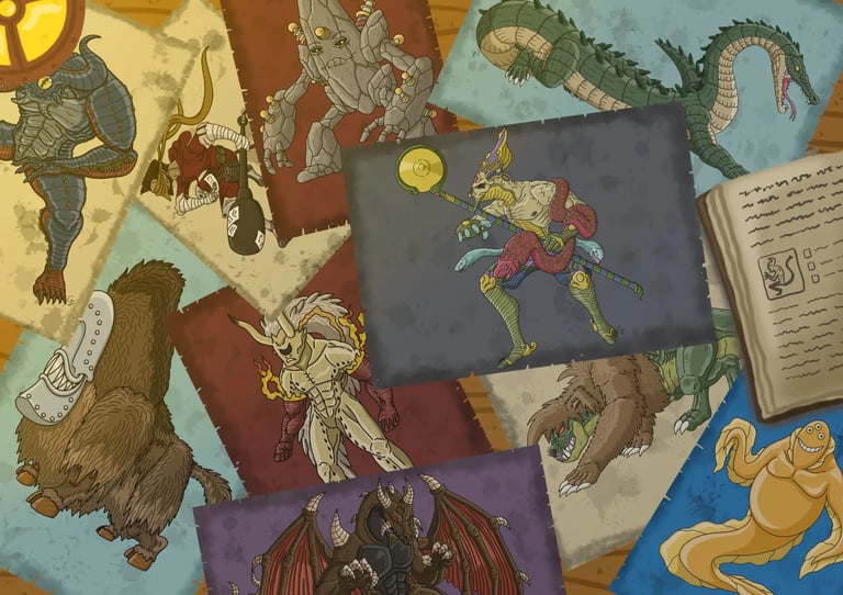 Image montrant des dessins de créatures imaginaires, fantastiques éparpillés sur une table.