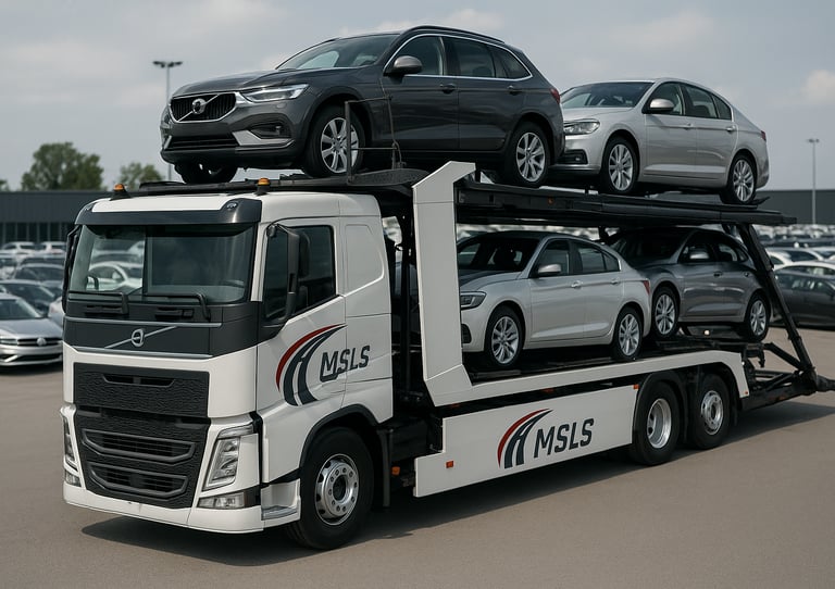 MSLS autovežis perveža pilną naujų automobilių partiją.