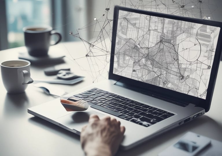 Modern office workspace with computer, coffee cup, and contact tools on desk
