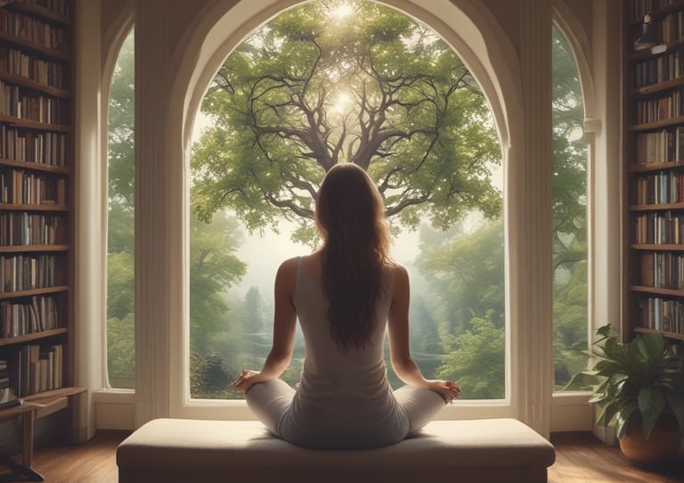 A group of people engaged in a spiritual or meditative practice, sitting in a row with hands raised in prayer or meditation gestures. The setting appears to be outdoors with a natural backdrop and metal fencing. The atmosphere is serene and focused.