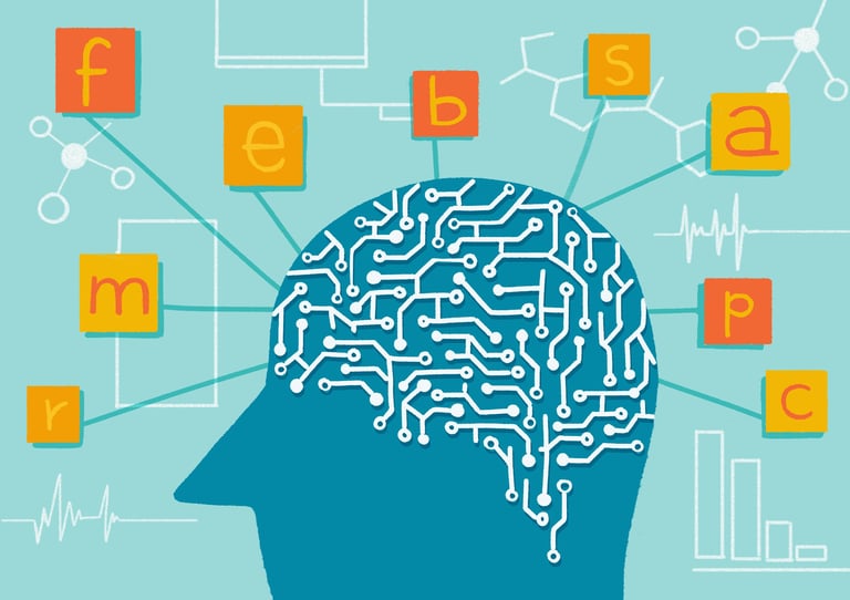 the shape of a head with a circuit board and letters and symbols emerging from it