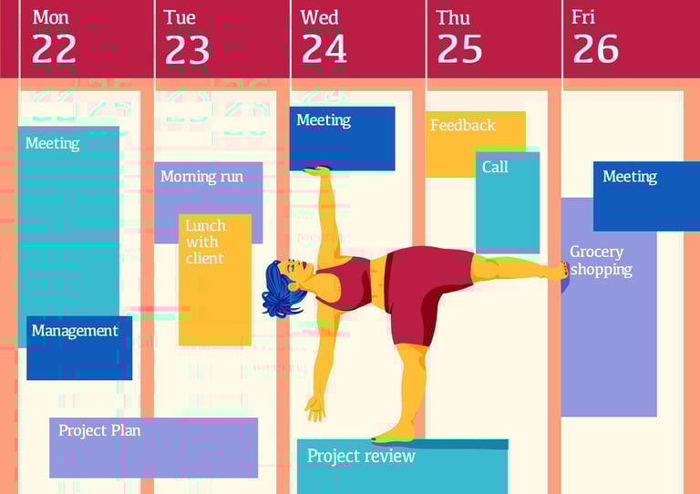 a woman doing a yoga pose within a week planner full with tasks