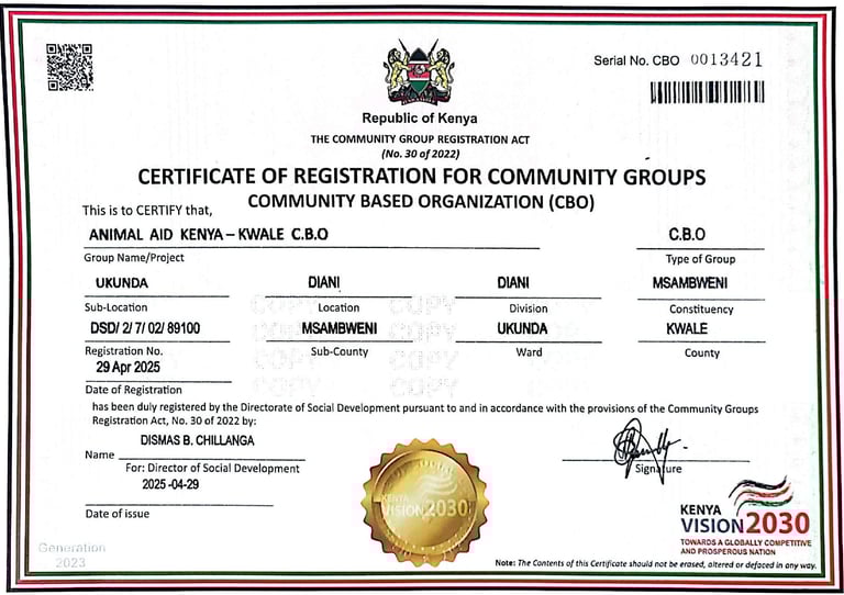 Official Kenyan Government Certificate of CBO Registration for Animal Aid Kenya